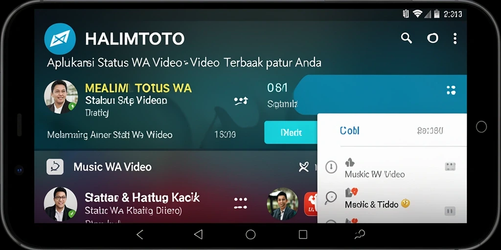 Antarmuka aplikasi HALIMTOTO dengan banyak pilihan video status WA.